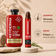 Keyderma Scalp Care anti-dandruff shampoo and dandruff serum set, displayed on a beige background with decorative dried flowers and a rosemary sprig, alongside informational text.
