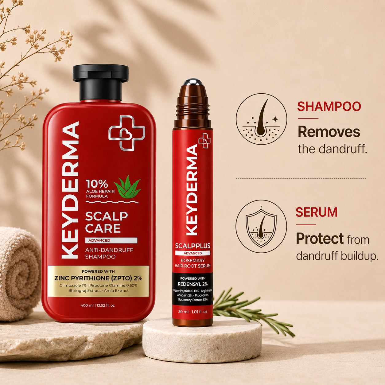 Keyderma Scalp Care anti-dandruff shampoo and dandruff serum set, displayed on a beige background with decorative dried flowers and a rosemary sprig, alongside informational text.