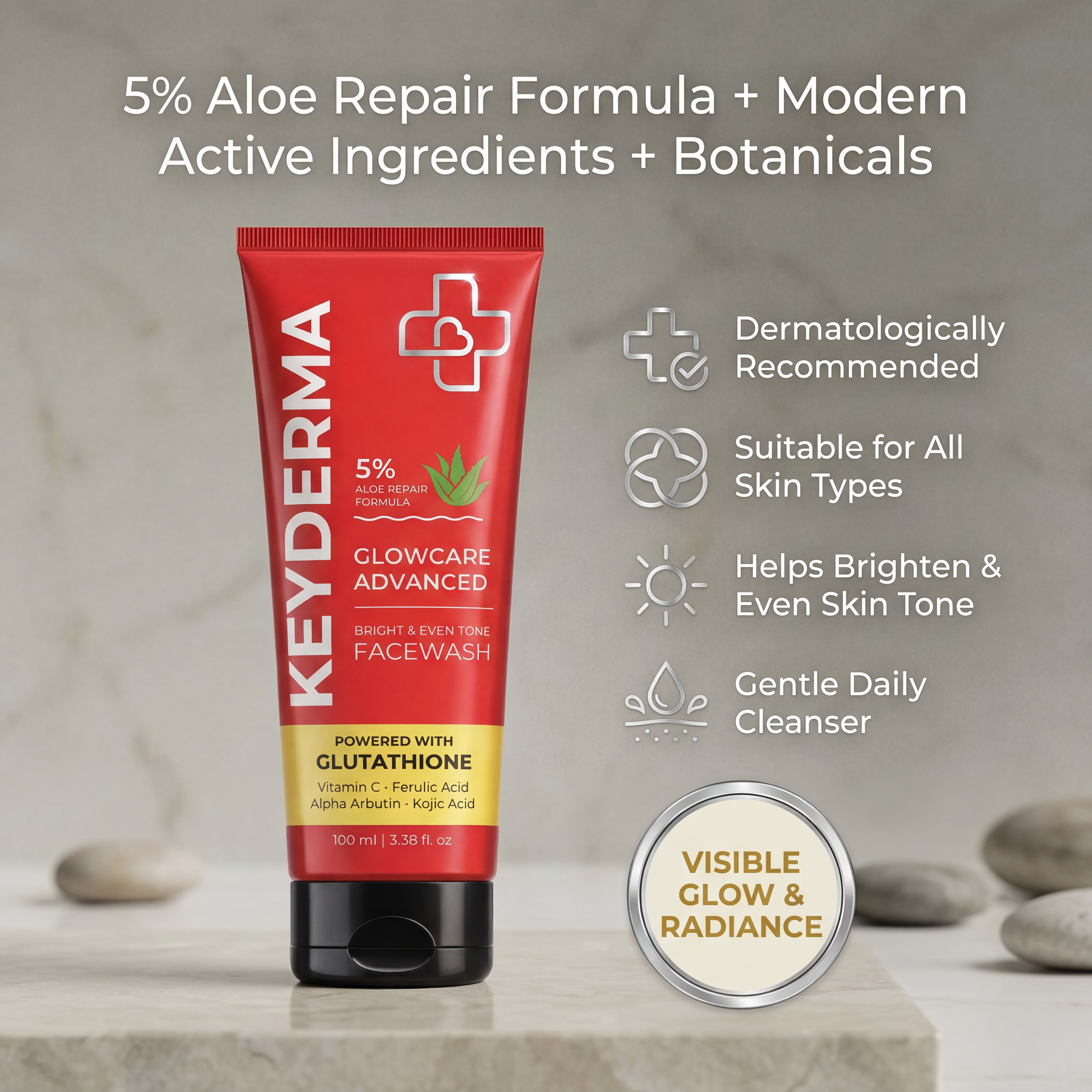 Keyderma facewash tube with product features 