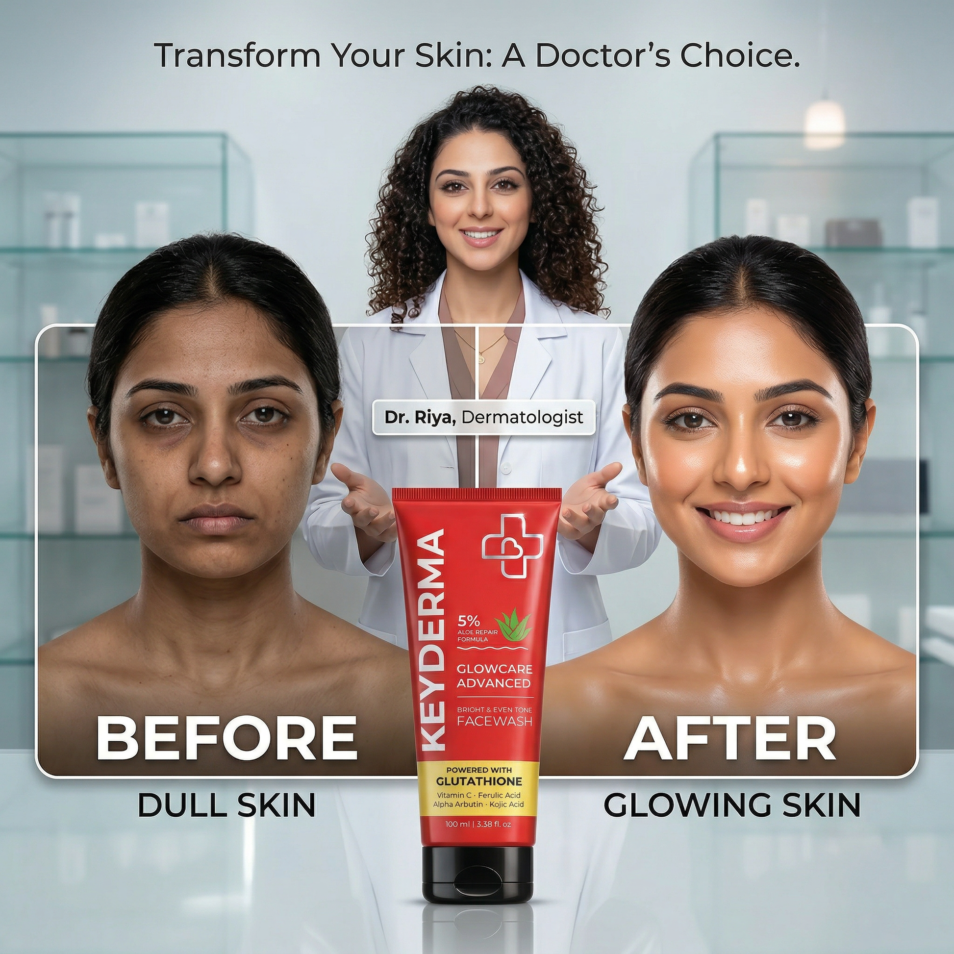 Advertisement of Keyderma face wash showing transformation from dull to glowing skin with a dermatologist in the background.