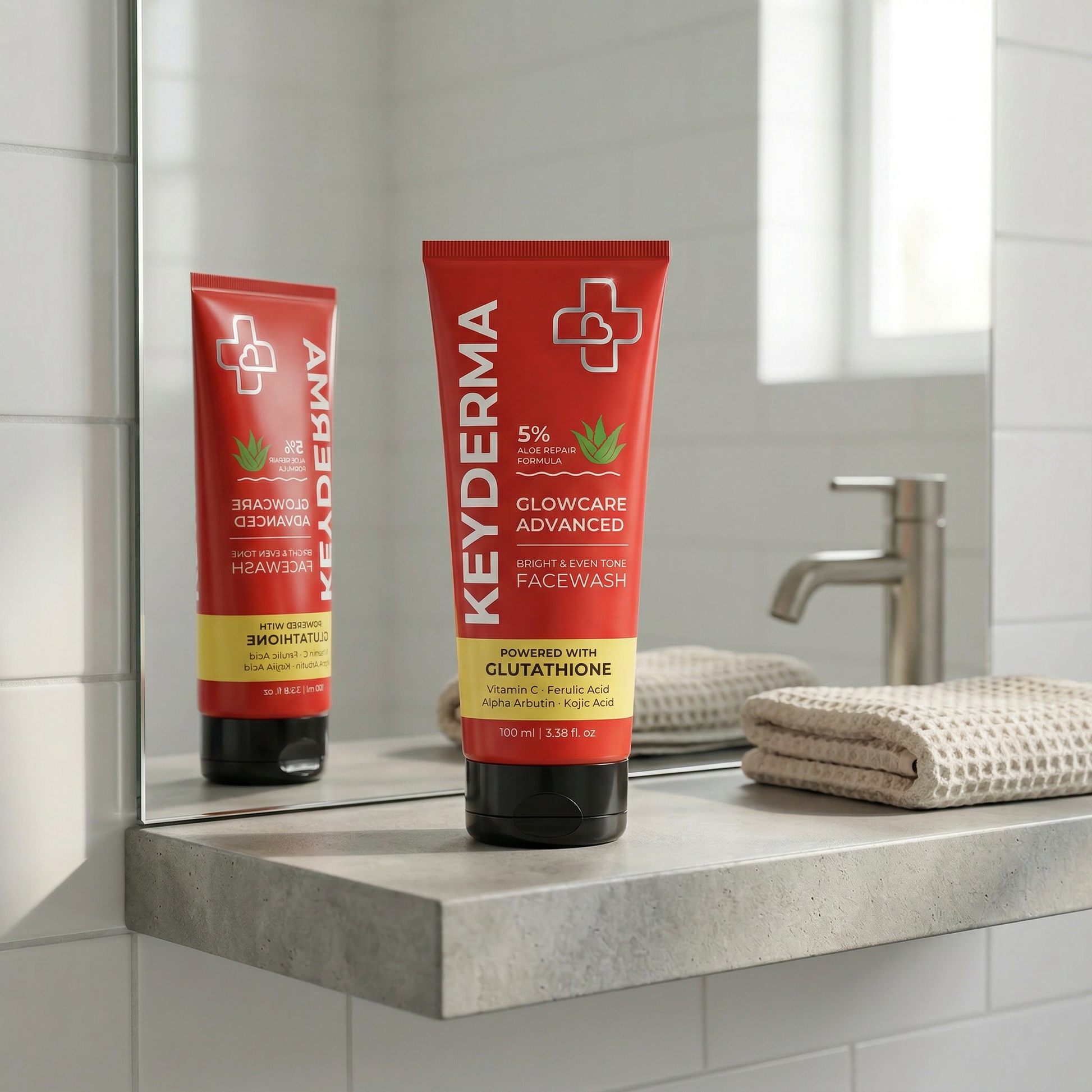 Keyderma GlowCare Advanced face wash tube on a bathroom counter with mirror reflection
