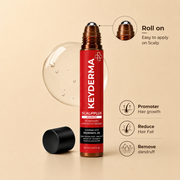 Keyderma Scalpuls Plus roll-on hair growth serum bottle with its black cap placed beside it on a warm beige background. The bottle is red with a metallic copper roller top, and the image includes callout text and icons describing benefits such as promoting hair growth, reducing hair fall, and removing dandruff.