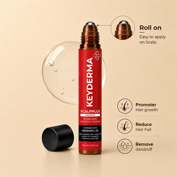 Keyderma Scalpuls Plus roll-on hair growth serum bottle with its black cap placed beside it on a warm beige background. The bottle is red with a metallic copper roller top, and the image includes callout text and icons describing benefits such as promoting hair growth, reducing hair fall, and removing dandruff.