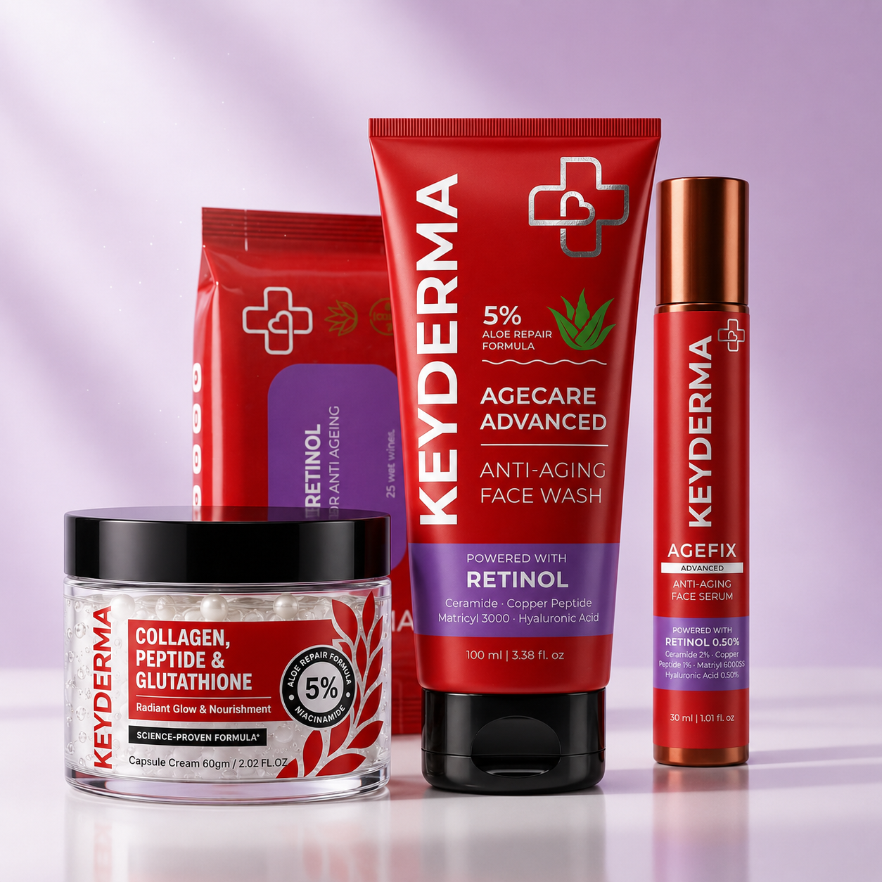 Four Keyderma skincare products arranged together on a light lavender background: a collagen, peptide & glutathione cream jar, an anti-aging face wash tube, a retinol pouch, and an agefix retinol serum bottle.